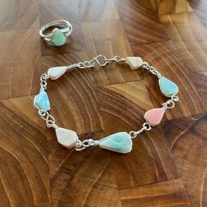 Blue and pink Larimar Ring and Bracelet set